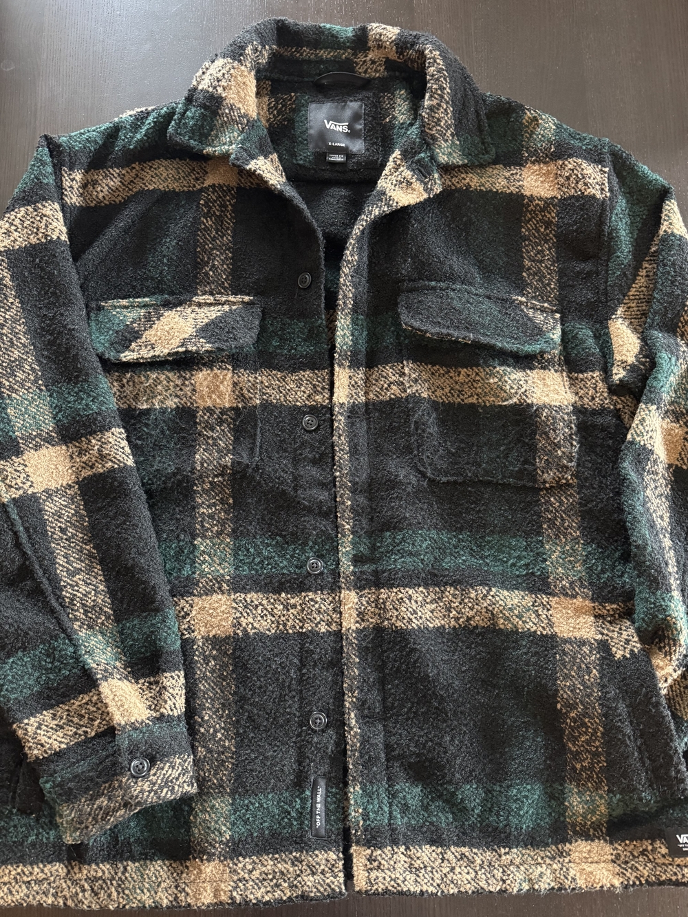 Vans Loose Fit Sherpa Fleece Plaid Jacket Shacket Green Brown XL Chore Coat